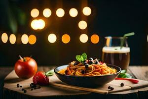 spaghetti with tomato sauce and basil leaves in a bowl. AI-Generated photo