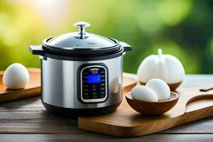 an electric pressure cooker with eggs on a cutting board. AI-Generated photo