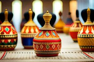 colorful vases are lined up on a table. AI-Generated photo