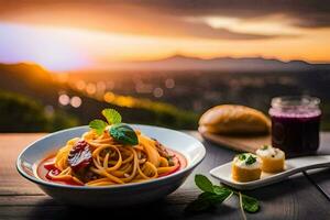 a plate of pasta with tomato sauce and vegetables is served on a wooden table with a view of. AI-Generated photo