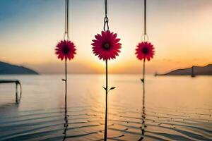 three pink flowers hanging from a rope in the water. AI-Generated photo