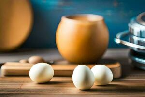 three eggs on a cutting board next to a pot and pan. AI-Generated photo