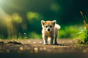 a puppy is walking on a dirt road. AI-Generated photo