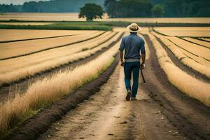 un hombre caminando abajo un suciedad la carretera en un campo. generado por ai foto