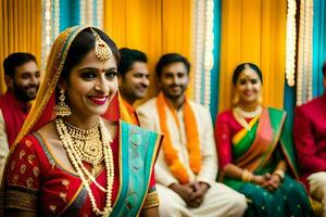 un novia en tradicional indio atuendo con su damas de honor generado por ai foto