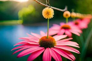 pink flowers are growing on a wire. AI-Generated photo