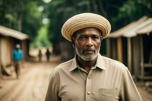 an african man wearing a hat stands in front of a village. AI-Generated photo