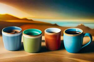 four colorful coffee cups on a table. AI-Generated photo