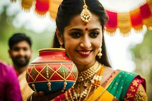 a beautiful bride in traditional indian attire holding a pot. AI-Generated photo