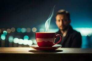 a man sitting at a table with a cup of coffee. AI-Generated photo