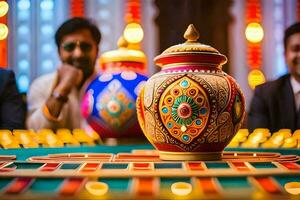 a man in a suit sitting next to a pot on a table. AI-Generated photo