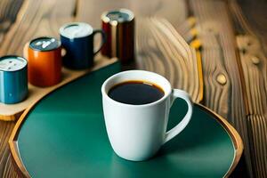 a cup of coffee on a tray with a wooden table. AI-Generated photo