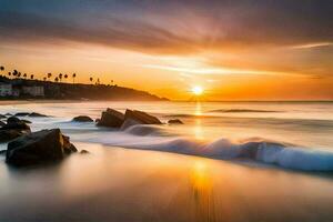 puesta de sol terminado el Oceano con olas estrellarse en el costa. generado por ai foto