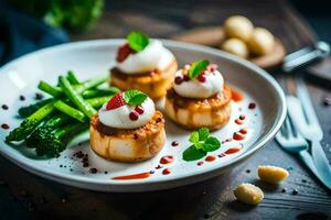 three small scallops on a plate with green vegetables. AI-Generated photo