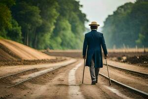 un hombre en un traje camina a lo largo un ferrocarril pista. generado por ai foto