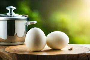 two eggs on a wooden table with a pot and a pan. AI-Generated photo