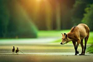 a deer and a bird walking on a road. AI-Generated photo