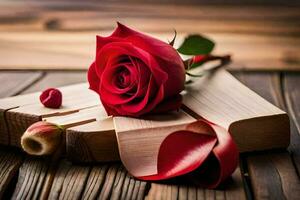 un rojo Rosa es sentado en parte superior de un libro con un pedazo de papel. generado por ai foto