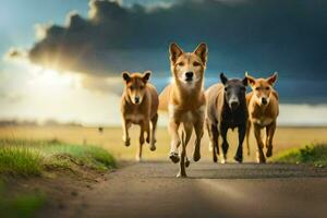 a group of dogs running on a road. AI-Generated photo