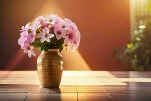 pink flowers in a vase on a wooden table. AI-Generated photo