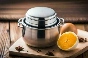 a stainless steel container with an orange and spices. AI-Generated photo
