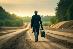 un hombre en un sombrero y traje caminando abajo un suciedad la carretera con un maleta. generado por ai foto