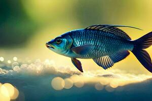 un pescado es en pie en el agua con un brillante ligero. generado por ai foto