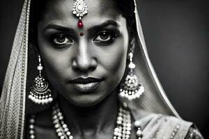 un negro y blanco foto de un mujer en tradicional indio ropa. generado por ai