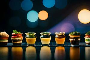 a row of small cups with different food items. AI-Generated photo