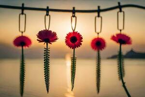 red flowers hanging from a rope with the sun setting behind them. AI-Generated photo