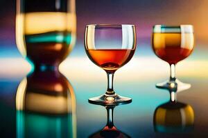 three wine glasses on a table with colorful background. AI-Generated photo