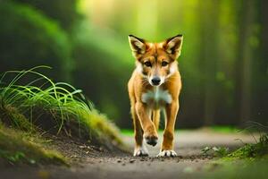 un rojo zorro caminando en un camino en el bosque. generado por ai foto