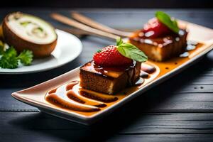 a plate with two slices of cake and strawberries. AI-Generated photo