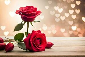 two red roses on a wooden table with hearts in the background. AI-Generated photo