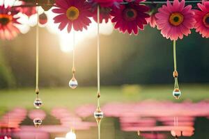 pink flowers hanging from a rope over a pond. AI-Generated photo
