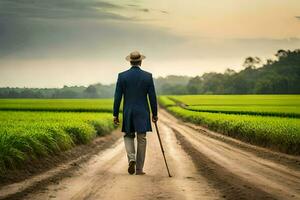 a man in a blue suit walks down a dirt road in front of a green field. AI-Generated photo