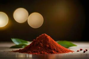 a pile of red chili powder on a wooden table. AI-Generated photo