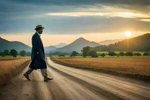 un hombre en un azul traje y sombrero camina abajo un suciedad la carretera. generado por ai foto