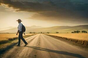 un hombre con un sombrero y mochila camina abajo un la carretera. generado por ai foto