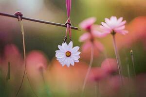 a daisy hanging from a branch in a field. AI-Generated photo