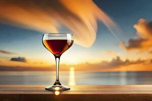 a glass of wine on a wooden table with the sun setting behind it. AI-Generated photo