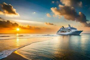 a cruise ship in the ocean at sunset. AI-Generated photo