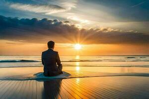 un hombre en un traje se sienta en el playa a puesta de sol. generado por ai foto