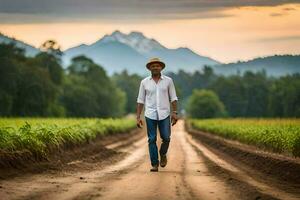 a man walking down a dirt road with mountains in the background. AI-Generated photo