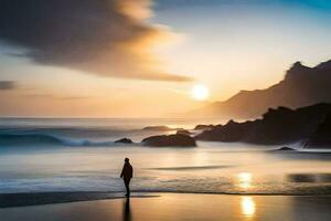 un hombre en pie en el playa a puesta de sol. generado por ai foto