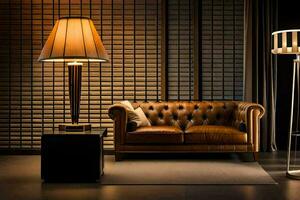 a leather couch and lamp in a dark room. AI-Generated photo