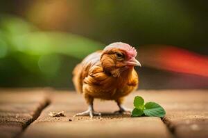 un pequeño pollo en pie en un de madera piso. generado por ai foto