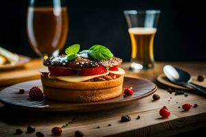 a sandwich with cheese, berries and a glass of beer. AI-Generated photo