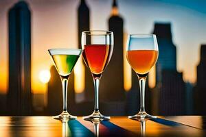 Tres lentes de diferente de colores bebidas en un mesa. generado por ai foto