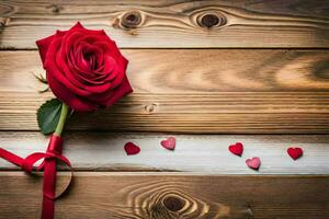 a single red rose on a wooden table with hearts. AI-Generated photo